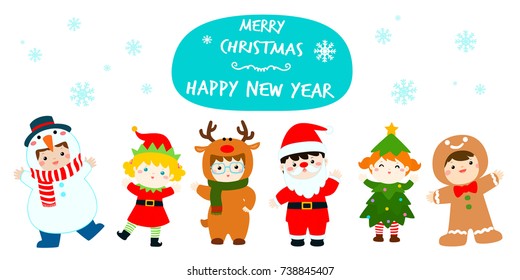 Cute kids wearing Christmas costumes cartoon vector illustration.