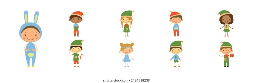 Cute Kids Wearing Christmas Holiday Costume Vector Set