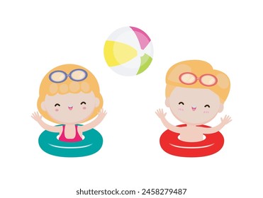 Cute kids wearing float rings on inflatable playing ball in Pool party, cartoon charact flat style vector illustration on white background