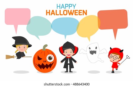 Cute kids wearing Halloween monster costume with speech bubbles isolated on white background, Halloween monster with speech balloon, vector illustration