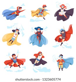 Cute Kids Wearing Superhero Costumes Set, Super Children Characters in Masks and Capes in Different Pose Vector Illustration