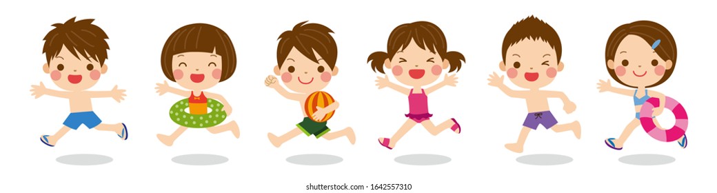 Cute kids wearing swimsuits running together, image of summer