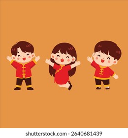 cute kids wearing traditional Chinese New Year clothing. The characters are smiling and celebrating, perfect for festive themes, Chinese New Year decorations, educational materials, greeting cards