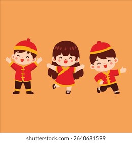cute kids wearing traditional Chinese New Year clothing. The characters are smiling and celebrating, perfect for festive themes, Chinese New Year decorations, educational materials, greeting cards