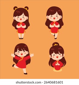cute kids wearing traditional Chinese New Year clothing. The characters are smiling and celebrating, perfect for festive themes, Chinese New Year decorations, educational materials, greeting cards