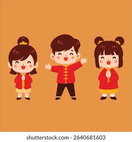 cute kids wearing traditional Chinese New Year clothing. The characters are smiling and celebrating, perfect for festive themes, Chinese New Year decorations, educational materials, greeting cards