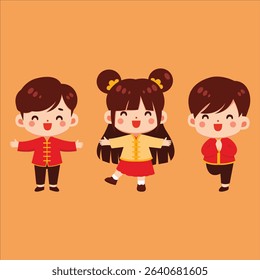 cute kids wearing traditional Chinese New Year clothing. The characters are smiling and celebrating, perfect for festive themes, Chinese New Year decorations, educational materials, greeting cards