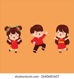 cute kids wearing traditional Chinese New Year clothing. The characters are smiling and celebrating, perfect for festive themes, Chinese New Year decorations, educational materials, greeting cards