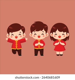 cute kids wearing traditional Chinese New Year clothing. The characters are smiling and celebrating, perfect for festive themes, Chinese New Year decorations, educational materials, greeting cards