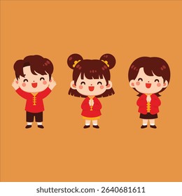 cute kids wearing traditional Chinese New Year clothing. The characters are smiling and celebrating, perfect for festive themes, Chinese New Year decorations, educational materials, greeting cards