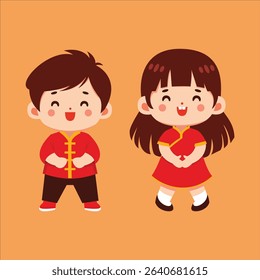 cute kids wearing traditional Chinese New Year clothing. The characters are smiling and celebrating, perfect for festive themes, Chinese New Year decorations, educational materials, greeting cards