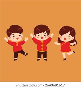 cute kids wearing traditional Chinese New Year clothing. The characters are smiling and celebrating, perfect for festive themes, Chinese New Year decorations, educational materials, greeting cards