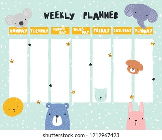 Cute kids weekly planner with animals. Vector hand drawn illustration.