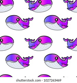 Cute kids whale pattern for girls and boys. Colorful whale on the abstract bright pattern create a fun cartoon drawing. The whale pattern is made in dark colors. Urban backdrop for textile and fabric