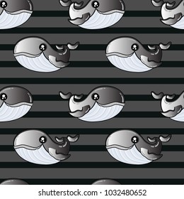 Cute kids whale pattern for girls and boys. Colorful whale on the abstract bright pattern create a fun cartoon drawing. The whale pattern is made in dark colors. Urban backdrop for textile and fabric