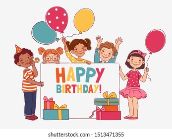 Cute kids with white board. Happy Birthday vector illustration. Smiling boys and girls with balloons