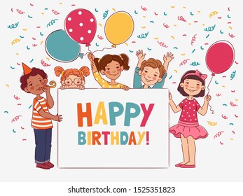 Cute kids with white board. Happy Birthday vector illustration. Smiling boys and girls with balloons
