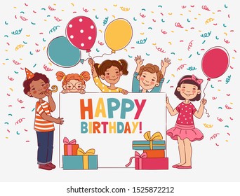 Cute kids with white board. Happy Birthday vector illustration. Smiling boys and girls with balloons