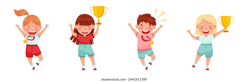 Cute Kids Winner Holding Trophy Cup and Medal Vector Set