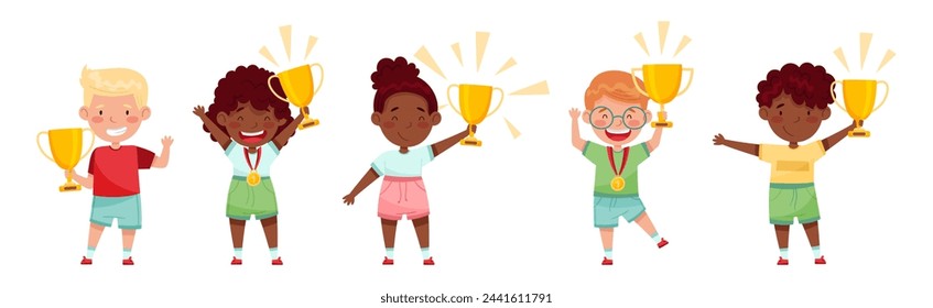 Cute Kids Winner Holding Trophy Cup and Medal Vector Set