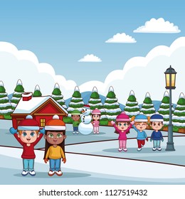 Cute kids in winter cartoons