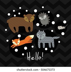 Cute kids winter vector illustration. Foxes, bears, mouse, hedgehog and wolfs with snowflakes dots, black blots on natural warm grey chevron background.