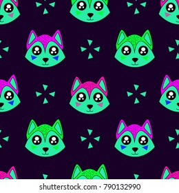 Cute kids wolf pattern for girls and boys. Colorful wolf on the abstract background create a fun cartoon drawing. The pattern is made in neon colors. Urban wolf pattern for textile and fabric.