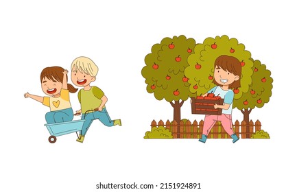 Cute kids working on farm set. Children harvesting apples cartoon vector illustration