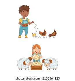 Cute kids working on farm set. Children feed chickens and sheep cartoon vector illustration