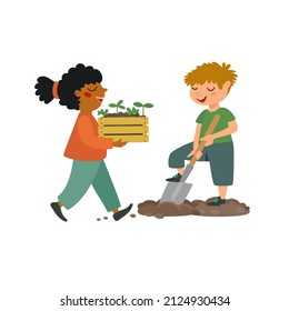 Cute kids works in the garden, plant flowers. Boy with shovel digging ground, girl carrying box with seedling. Concept of horticulture. Cartoon characters, hand drawn flat vector illustration.   