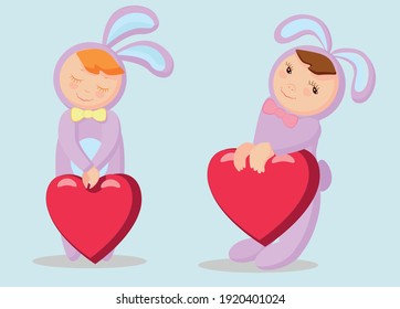 Cute kids-a character in a rabbit costume. The concept of holiday design birthday, Valentine's day, greeting card, illustration for children, textiles.