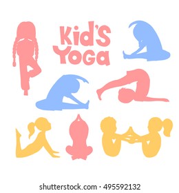 Cute kidssilhouettes doing yoga exercises. Yoga kids set. Gymnastics for children and healthy lifestyle. Vector illustration.
