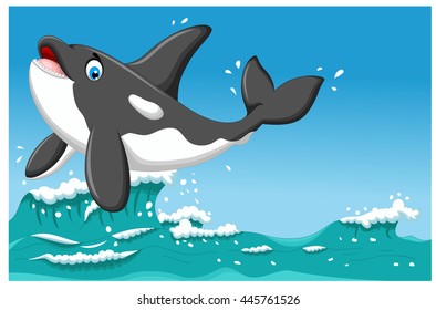 cute killer whale cartoon jumping with sea life background