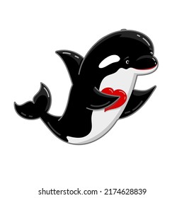 cute killer whale character. black orca with red heart cartoon illustration isolated on white. lovely underwater wild sea animal. shark dolphin funny personage for mascote, stiker, poster, card design