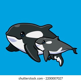 cute killer whale family group child following his mother. isolated cartoon animal illustration. Flat Style Sticker Icon Design Premium Logo vector. Mascot Character