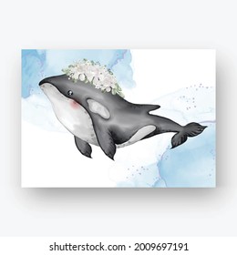 cute killer whale with flower white watercolor illustration