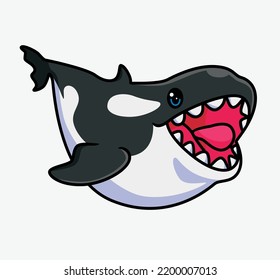 cute killer whale hunting. isolated cartoon animal illustration. Flat Style Sticker Icon Design Premium Logo vector. Mascot Character