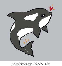 Niedlicher Killerwal einzeln auf Hintergrund für Kinderinhalt. Handgezeichnete Silhouette orcinus orca springen Logo Print. Flache Cartoon Unterwasser Charakter Meerestier. Bewohner des Ozeans whimsical