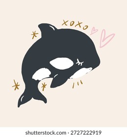 Cute killer whale isolated on background for kids content. Hand drawn silhouette orcinus orca jumping logo print. Flat cartoon underwater character marine animal. Inhabitant of the ocean whimsical