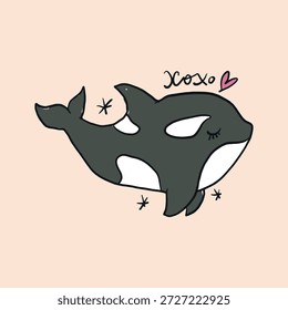 Baleia assassina bonita isolada no fundo para o conteúdo das crianças. Silhueta desenhada à mão orcinus orca impressão logotipo de salto. Animação plana submarino personagem animal marinho. Habitante do oceano caprichoso