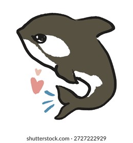 Cute killer whale isolated on background for kids content. Hand drawn silhouette orcinus orca jumping logo print. Flat cartoon underwater character marine animal. Inhabitant of the ocean whimsical