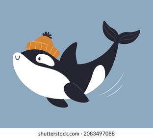 Cute Killer Whale or Orca as Arctic Animal Swimming in Knitted Hat Vector Illustration