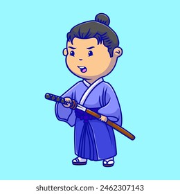 Cute Kimono Boy Holding Katana Sword Cartoon Vector Illustrations. Flat Cartoon Concept. Suitable for any creative project 