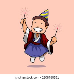 Cute kimono boy jumping happily holding fireworks wearing santa claus clothes cartoon vector icon illustration. Holiday celebrating christmas and new year icon concept isolated premium vector.