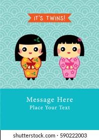 cute kimono doll baby twins announcement card