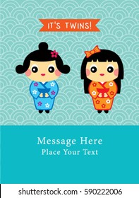 cute kimono doll baby twins announcement card