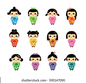 cute kimono doll vector collection