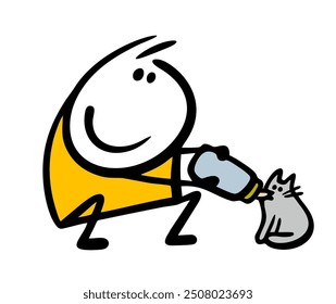 Lindo chico amable está cuidando a un gatito recién nacido. Ilustración vectorial de un stickman alimentando a un gato callejero de una botella de leche. Caricatura divertida de un niño y una mascota come y bebe. Animales Clipart.