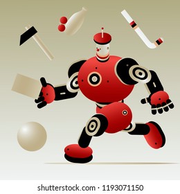 Cute kind bright cartoon android robot courier character human assistant human friend domestic worker athlete artificial intelligence running vector 3D on bright gradient