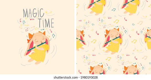 Cute kind cartoon bunny with flute isolated with inscription and pattern. Magic time inscription. Hand-drawn vector illustration of characters for nursery, children's textiles, posters, postcards.